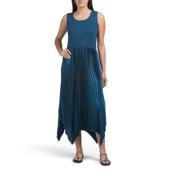 ISAAC MIZRAHI NEW YORK Blue Mixed Media Maxi Dress With Satin Pleated Skirt - Picture 1 of 2